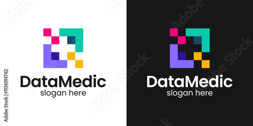 Medical Tech Logo Design. Cross logo with digital pixel colorful logo design graphic symbol icon vector