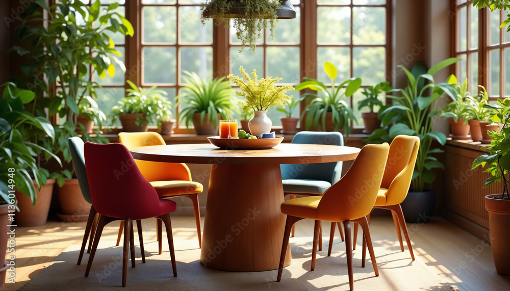 Modern Dining Room with Colorful Chairs and Plants Modern Dining Room with Colorful Chairs and Plants