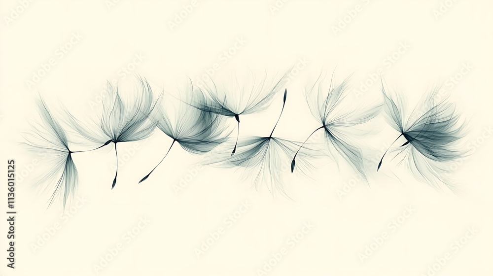 A collection of dandelion seeds sketched with precision, floating gracefully against a pale sage green background, evoking tranquility and lightness, minimalist style, hd quality, natural textures. A collection of dandelion seeds sketched with precision, floating gracefully against a pale sage green background, evoking tranquility and lightness, minimalist style, hd quality, natural textures.
