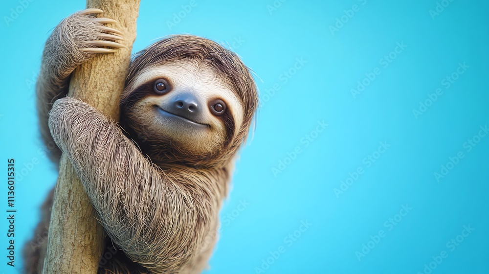 Fototapeta premium A sloth hanging from a tree branch with a cute expression.