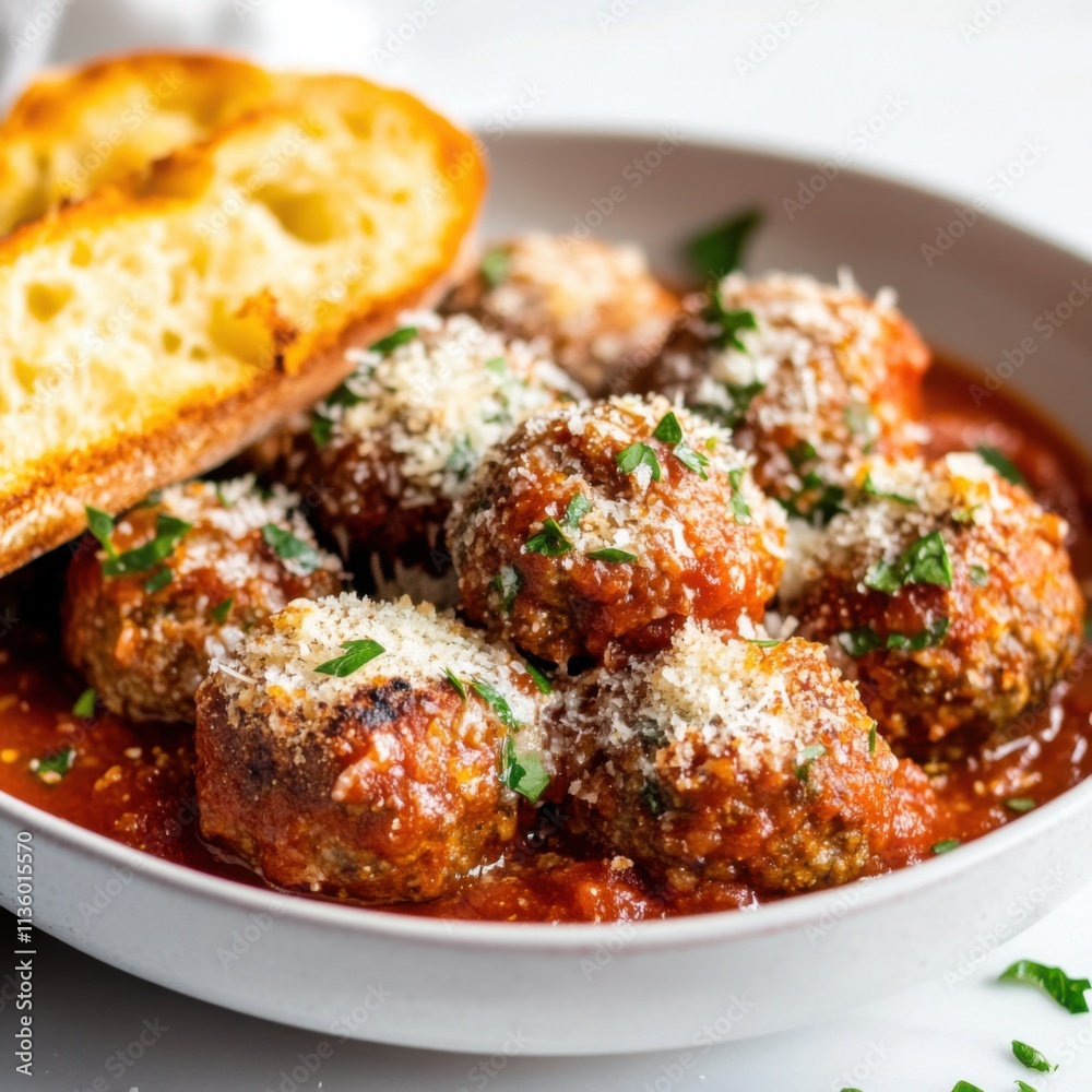 A plate of savory meatballs in marinara sauce topped with Parmesan cheese, Meatballs on plate, Soft diffused lighting creating a cozy atmosphere A plate of savory meatballs in marinara sauce topped with Parmesan cheese, Meatballs on plate, Soft diffused lighting creating a cozy atmosphere