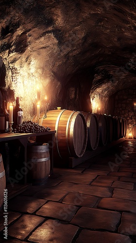 A rustic wine cellar with rows of oak barrels aging fine vino. The wooden casks create a timeless atmosphere, showcasing the art of winemaking and the careful storage of alcoholic beverages photo