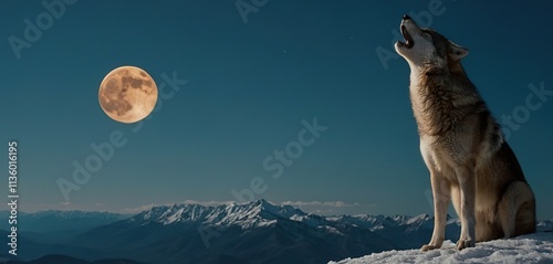 A solitary wolf howling at the moon atop a snow-capped mountain peak