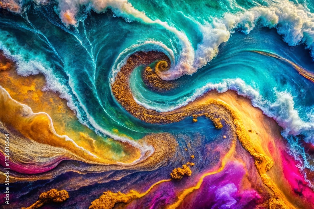 Obraz premium Abstract Colorful Wave Pattern Background, Elegant Gold Speckles, Aerial Photography Design