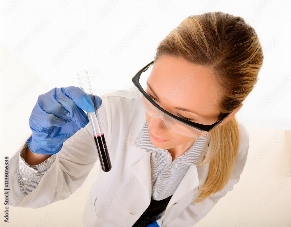 Scientist woman examining test tube with red liquid in laboratory Scientist woman examining test tube with red liquid in laboratory