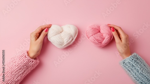 Two hands hold soft yarn hearts, one pink and one white, against a pastel pink background, symbolizing love and creativity.