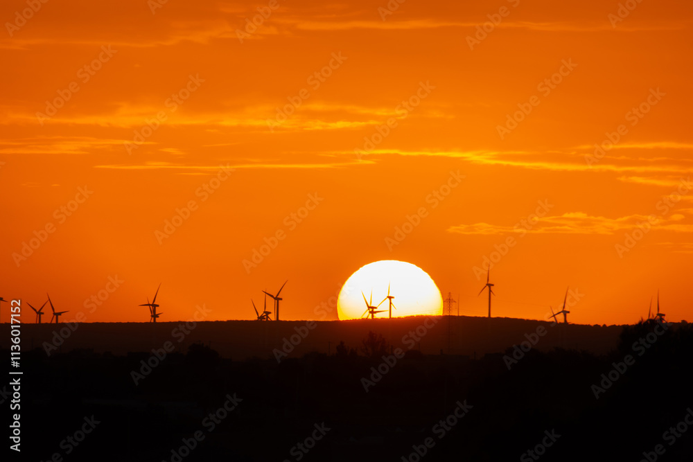 Fototapeta premium sunset behind the wind turbines in the Essaouira region in Morocco