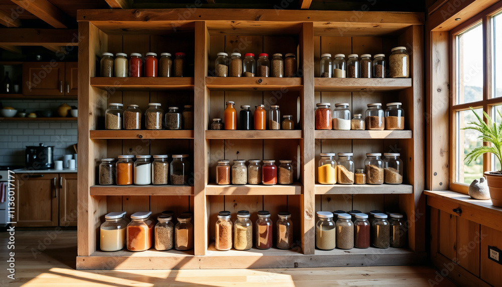 Organized Jars on Wooden Shelves in a Kitchen Organized Jars on Wooden Shelves in a Kitchen