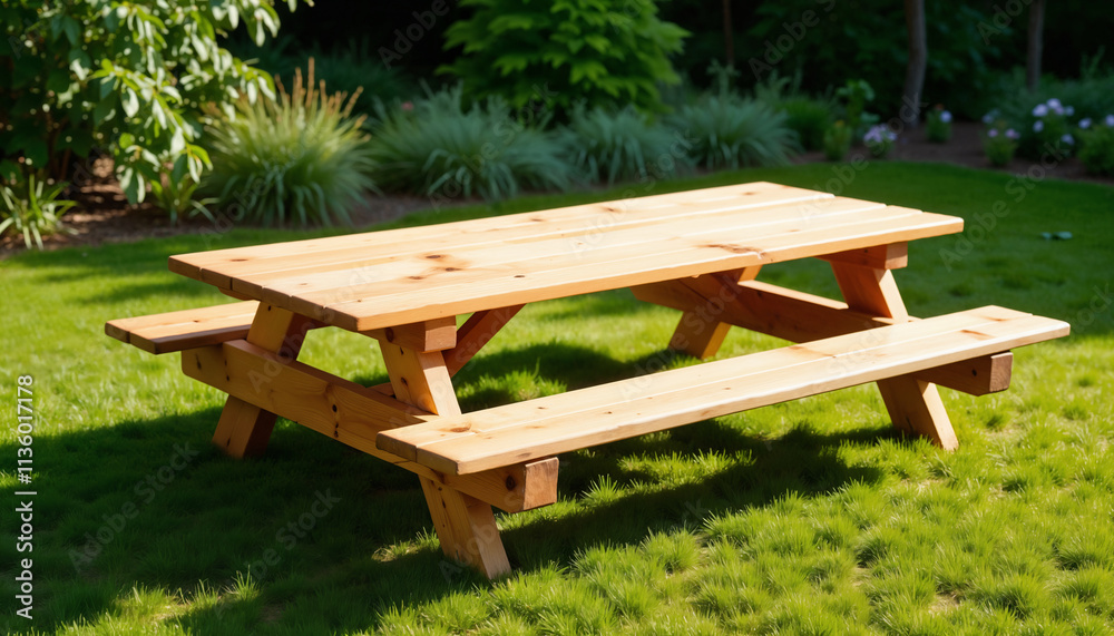 Outdoor Wooden Picnic Table in Green Garden Setting Outdoor Wooden Picnic Table in Green Garden Setting