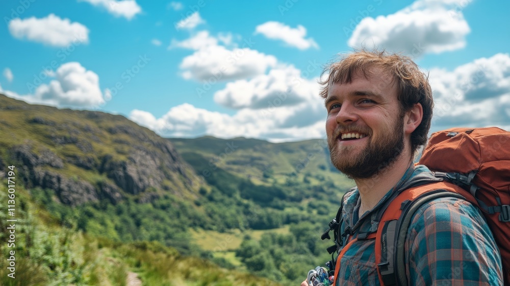 Joyful hiker enjoying nature with a stunning landscape under a blue sky. Perfect for adventure lovers and travel enthusiasts. Joyful hiker enjoying nature with a stunning landscape under a blue sky. Perfect for adventure lovers and travel enthusiasts.