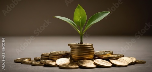 A stack of gold coins with a growing plant emerging from the top, symbolizing wealth, growth, and the potential of a business loan
