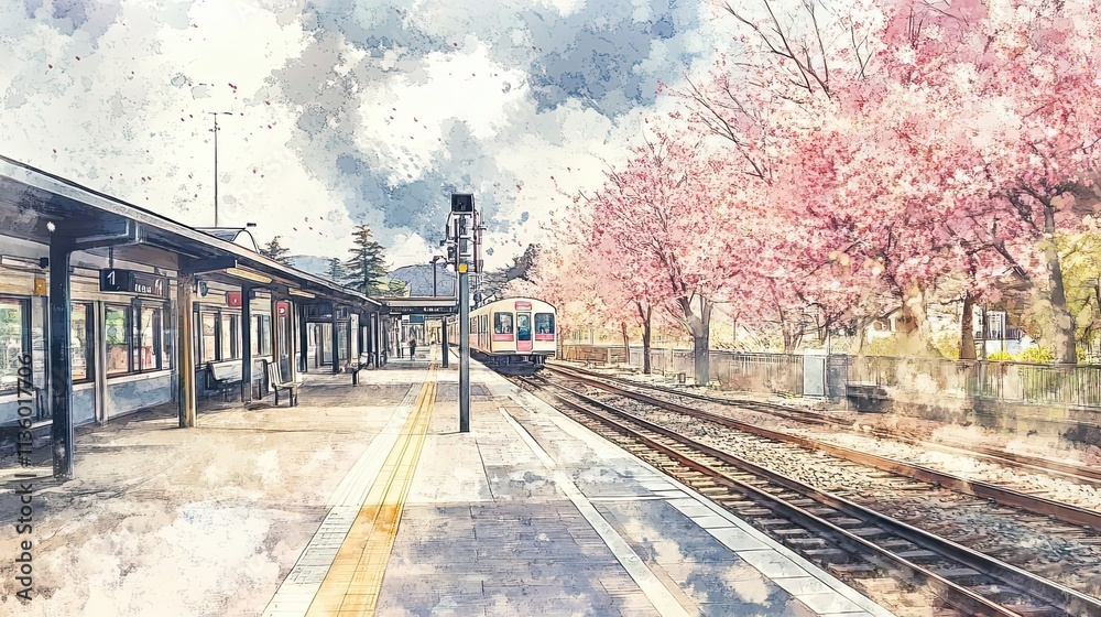 Fototapeta premium Tranquil Train Station Scene Under Cherry Blossoms
