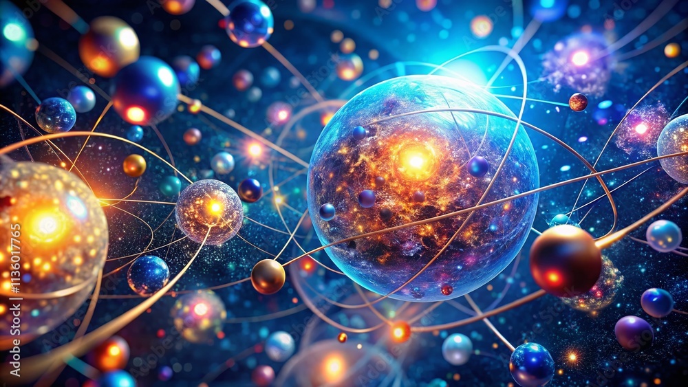Obraz premium Abstract Glowing Atoms in a Dark Blue Space: A Stunning Visual Representation of Quantum Particles and Molecular Structures in a Cosmic Environment