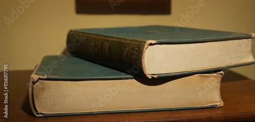 A stack of old textbooks, their worn covers and yellowed pages telling stories of generations past