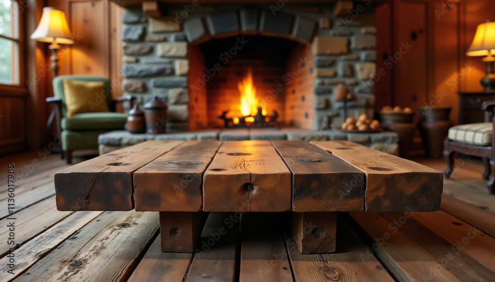 Rustic Wooden Table in Front of Cozy Fireplace Rustic Wooden Table in Front of Cozy Fireplace