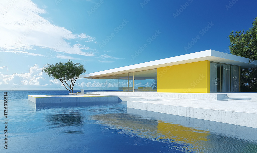 Fototapeta premium Minimalist white and yellow architecture by the sea, a building with a pool, architectural photography, realistic rendering, cinematic, minimalistic design.
