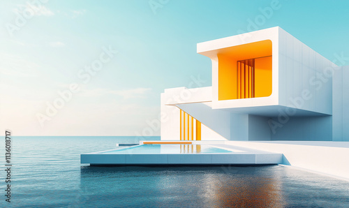 Minimalist white and yellow architecture by the sea, a building with a pool, architectural photography, realistic rendering, cinematic, minimalistic design.