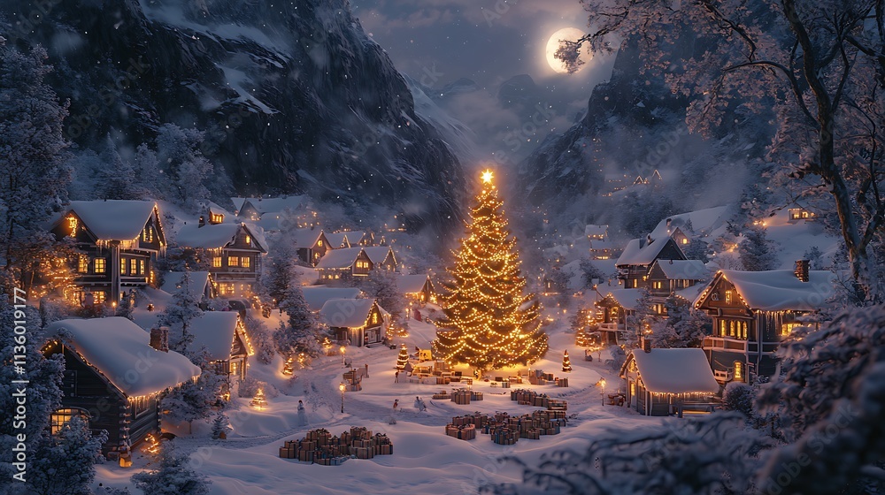A picturesque snowy village nestled in a valley, illuminated by soft golden lights from the homes, a giant glowing Christmas tree at the center surrounded by wrapped gifts, A picturesque snowy village nestled in a valley, illuminated by soft golden lights from the homes, a giant glowing Christmas tree at the center surrounded by wrapped gifts,