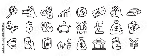 Money, finance and currency doodle set. doodle hand drawn icon set. Outline drawing dollar Banknotes, coins, money bag line clipart symbol collection