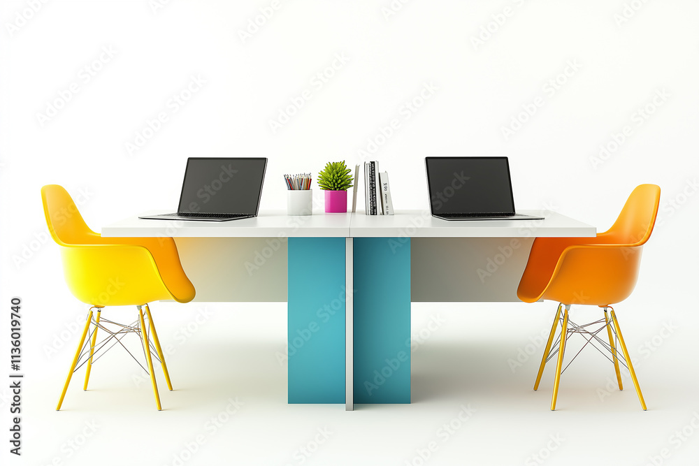 Colorful desk with laptops and chairs on a white background
Colorful desk with laptops and chairs on a white background