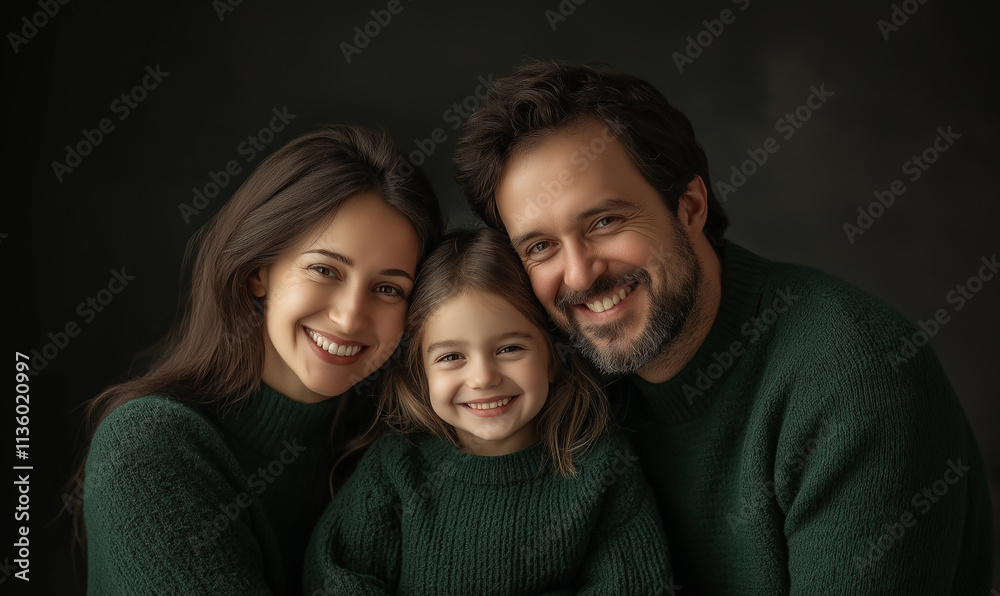 Portrait of a happy family, a daughter, mother, and father smiling at the camera, wearing sweaters Portrait of a happy family, a daughter, mother, and father smiling at the camera, wearing sweaters