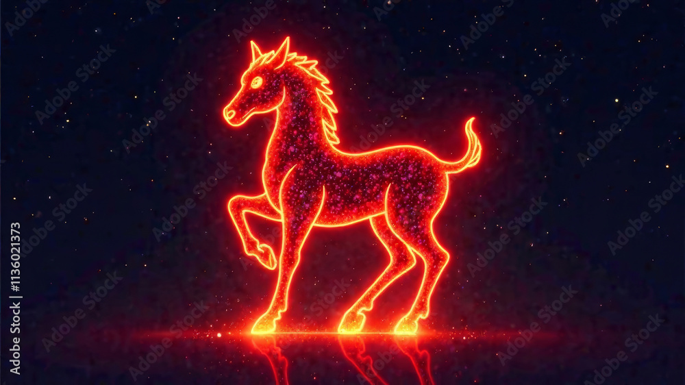 Glowing fire horse symbol illuminated in radiant orange and red against a deep black background Glowing fire horse symbol illuminated in radiant orange and red against a deep black background
