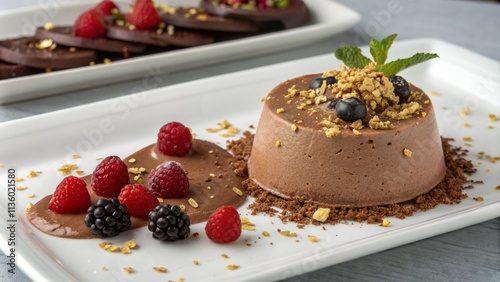 Delicious chocolate mousse dessert garnished with fresh berries and mint served on a white plate photo