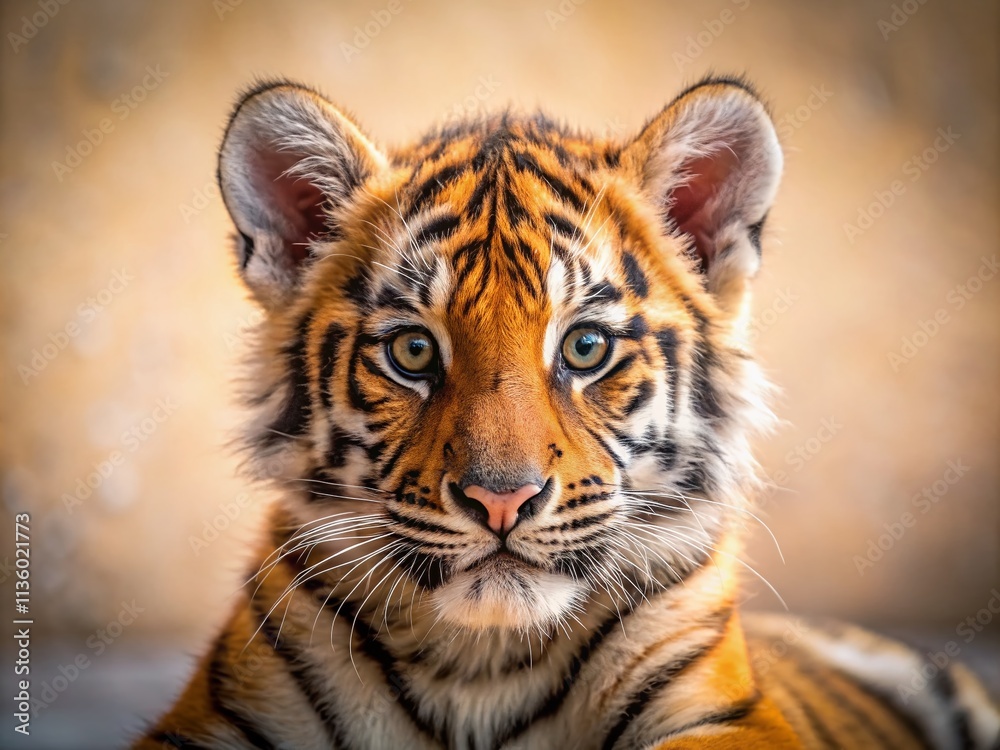 Obraz premium Adorable Baby Tiger Cub Minimalist Photography: Cute Wildlife Image, Orange Stripes, Jungle Kitten, Wild Animal Portrait