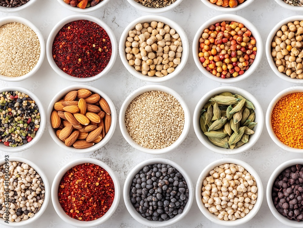 Top view of assorted grains nuts and pulses in bowls on textured surface : Generative AI Top view of assorted grains nuts and pulses in bowls on textured surface : Generative AI