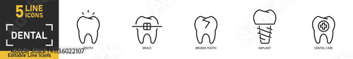 Dental line icon set. Set of 5 outline icons related to tooth, brace, broken tooth, implant, dental care and more. Vector illustration.