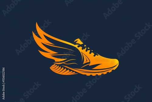 Dynamic Yellow Running Shoe Logo With Wings, A dynamic and energetic logo featuring a track and field running shoe with wings symbolizing speed and agility