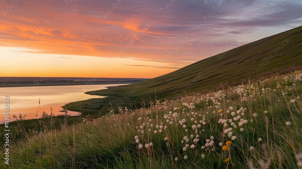 The soft light of sunset casts a warm glow over the landscape with vibrant flowers and a gentle river winding through lush hills creating a peaceful retreat The soft light of sunset casts a warm glow over the landscape with vibrant flowers and a gentle river winding through lush hills creating a peaceful retreat