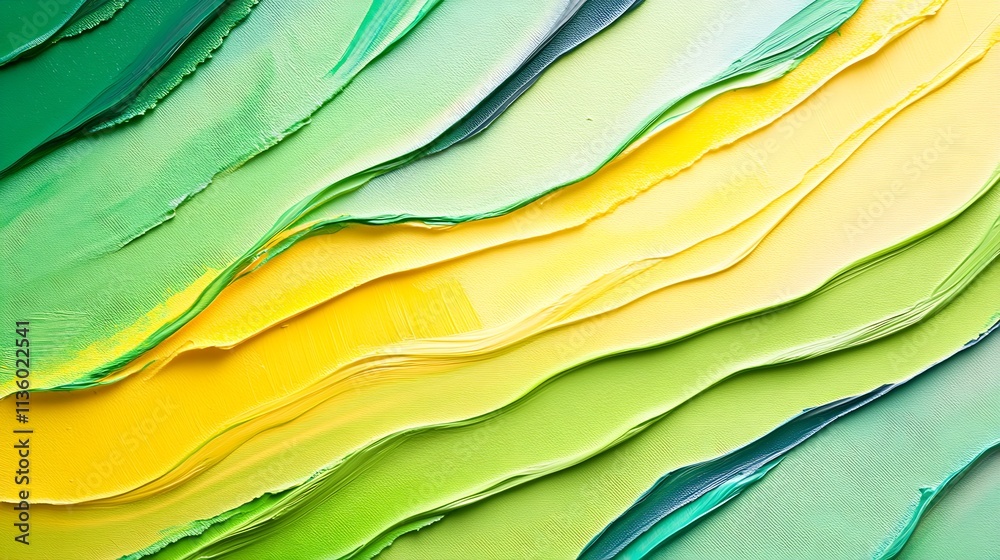 Abstract Green and Yellow Textured Brush Strokes on Canvas : Generative AI