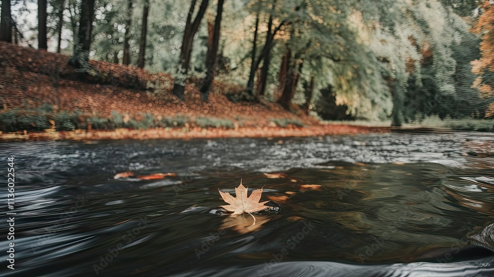 custom made wallpaper toronto digitalA solitary maple leaf floats effortlessly on the still surface of a gentle stream framed by vibrant autumn colors and serene forest surroundings