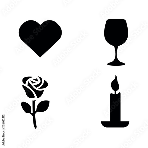 romantic silhouette icon set with heart, rose, candle, and wine glass isolated on white background