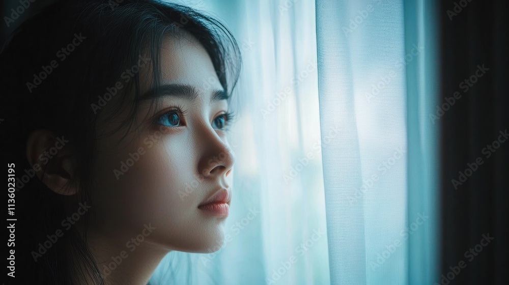 Shy portrait featuring a person looking pensively out a window, capturing the essence of contemplation and shyness