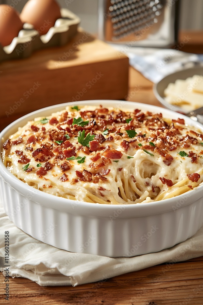 Baked Pasta Carbonara with Crispy Bacon Bits and Creamy Cheese Sauce : Generative AI Baked Pasta Carbonara with Crispy Bacon Bits and Creamy Cheese Sauce : Generative AI