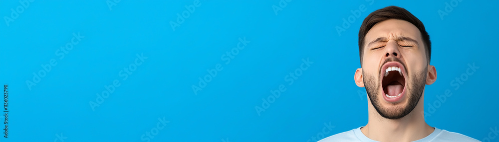 Man yawning against a blue background, expressing tiredness or boredom. Man yawning against a blue background, expressing tiredness or boredom.