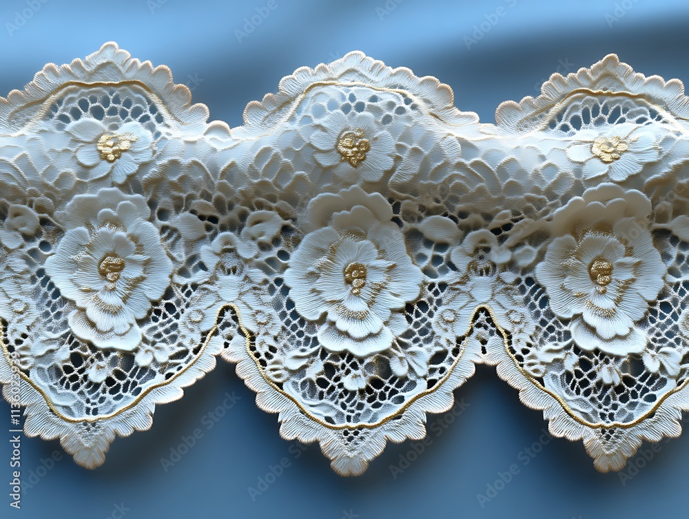 Obraz premium Elegant White Lace Fabric With Gold Floral Embellishments