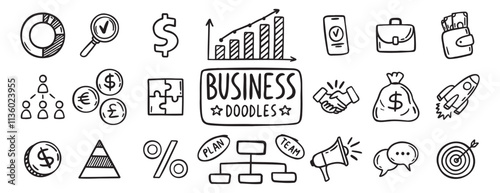 business doodle hand drawn icon set. Outline drawing business line clipart symbol collection