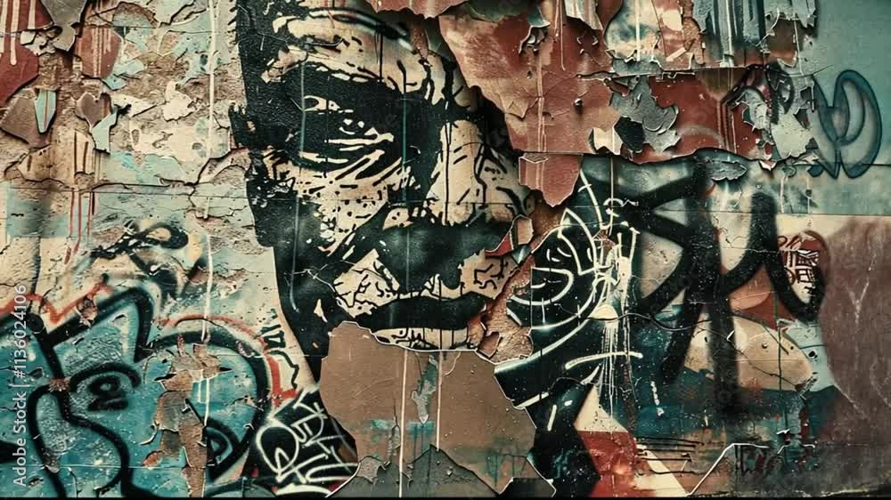 A detailed and vibrant graffiti mural covers an old brick wall, showcasing street art and urban culture.