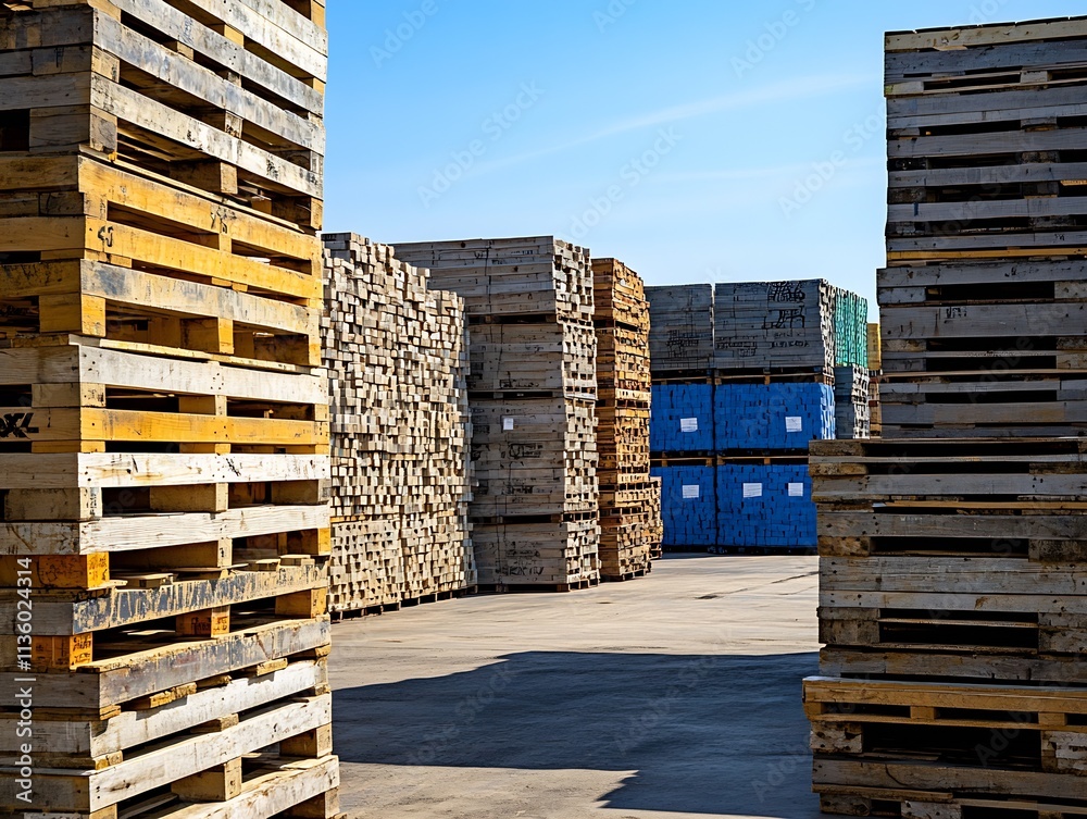 Stacks of Wooden Pallets Organized in a Sunlit Industrial Yard : Generative AI Stacks of Wooden Pallets Organized in a Sunlit Industrial Yard : Generative AI