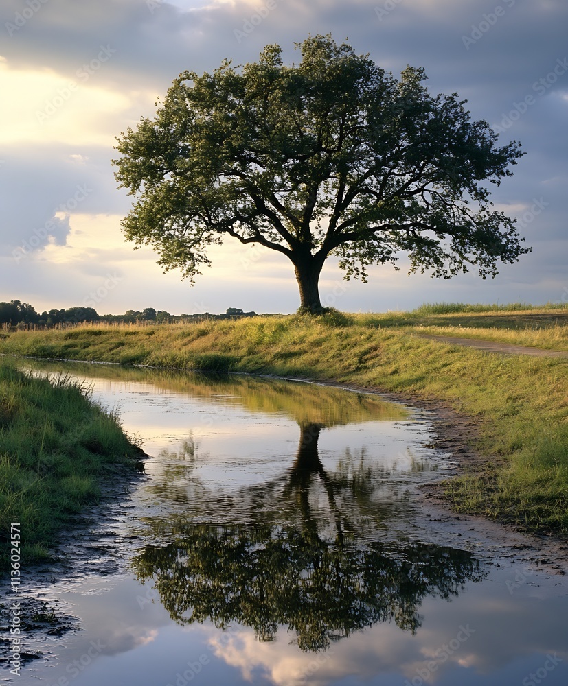Solitary Oak Tree Reflected in Calm Stream Under Partly Cloudy Sky : Generative AI