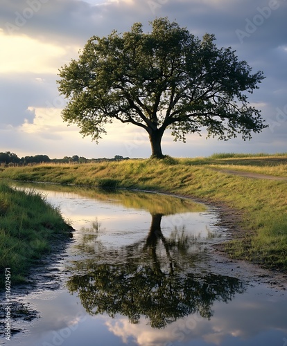 Obraz na płótnie Solitary Oak Tree Reflected in Calm Stream Under Partly Cloudy Sky : Generative AI w salonie
