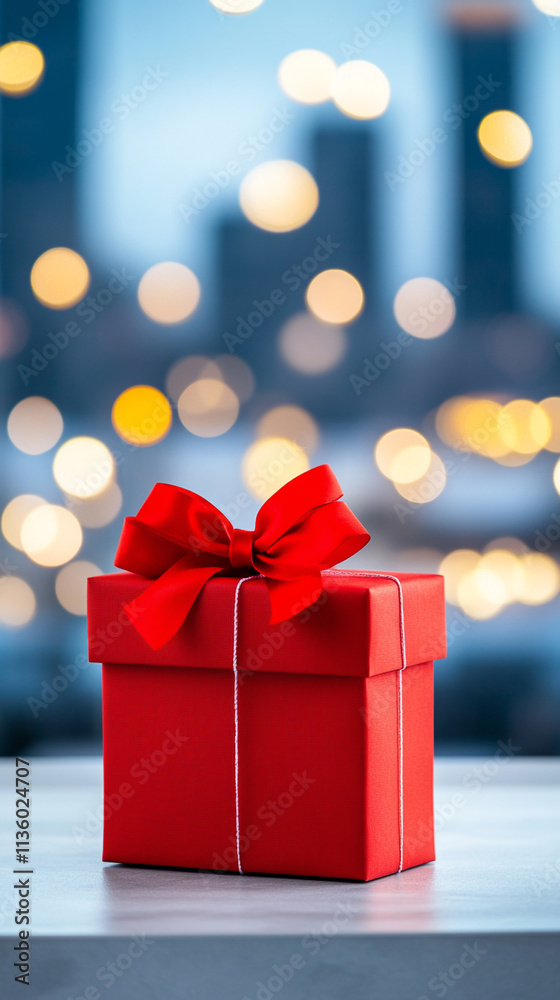 Red gift box with ribbon on table, city lights bokeh background.