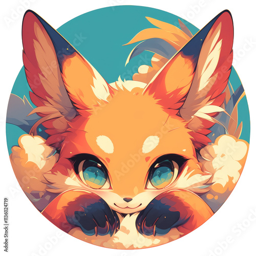 Cute fox cartoon with big blue eyes on blue background. photo