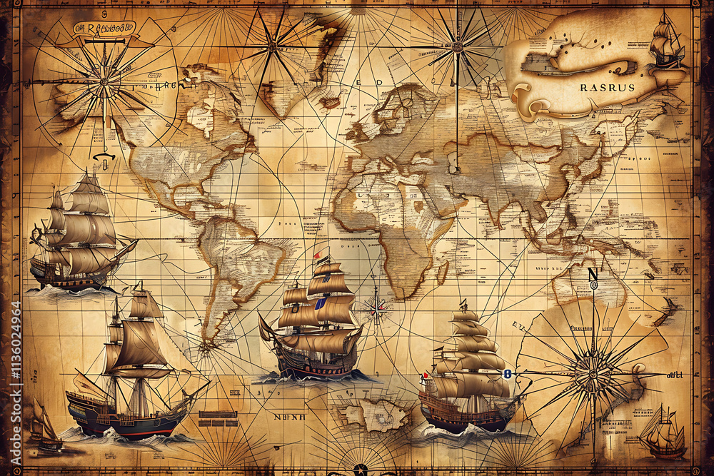 Fototapeta premium Vintage World Map with Sailing Ships and Compass Rose