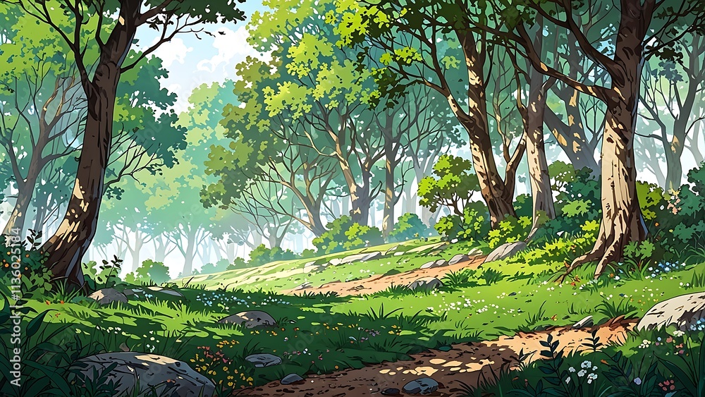 Fototapeta premium A serene forest scene with lush greenery, sunlight filtering through trees, and a winding path.