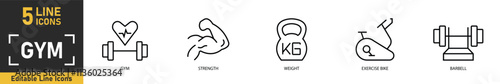 GYM line icon set. Set of 5 outline icons related to GYM, strength, weight, exercise bike, barbell and more. Vector illustration.