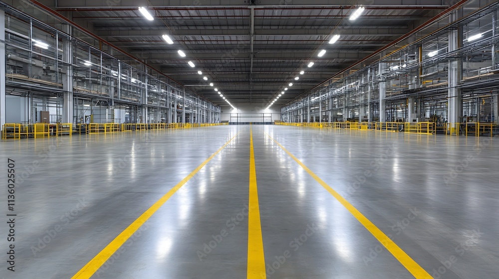 Spacious Modern Warehouse Interior with Polished Concrete Floors : Generative AI